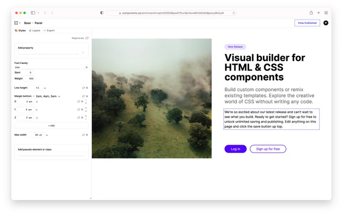 Screenshot of a website design tool interface sitting in the safari web browser. The left column is a series of visual controls for properties like width, height, color, typography, and spacing. On the right is a rendering of the design. This design features 2 columns. The column on the left is a square image of a foggy field. The right has sample marketing copy for the demo example featuring a headline, sub headline, text, and two call to action buttons.