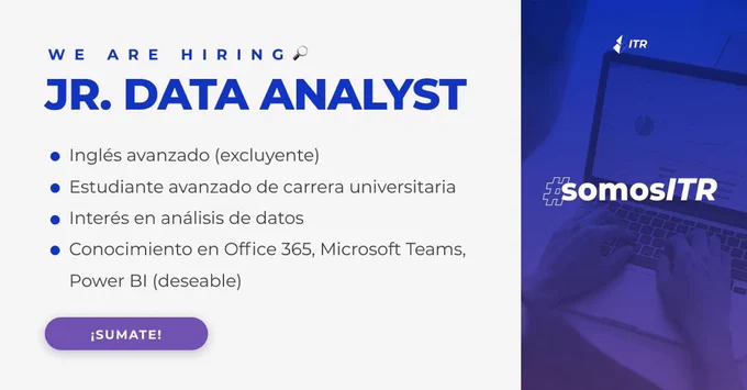 Requisitos búsqueda Data Analyst Jr: inglés excluyente, estudiante de carrera universitaria con interés en análisis de datos, conocimientos de office 365, deseable conocimiento de Power BI