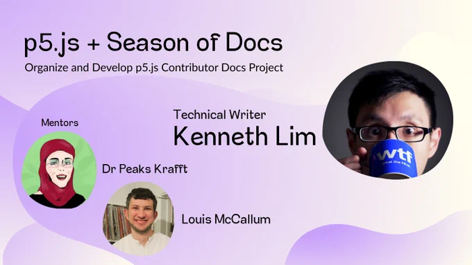 Portraits of technical writer Kenneth Lim, and mentors Dr Peaks Krafft and Louis McCallum in the background with gradient purple blobs.