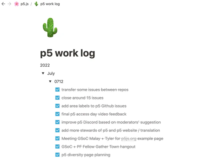 screenshot of a work log with a list of crossed tasks