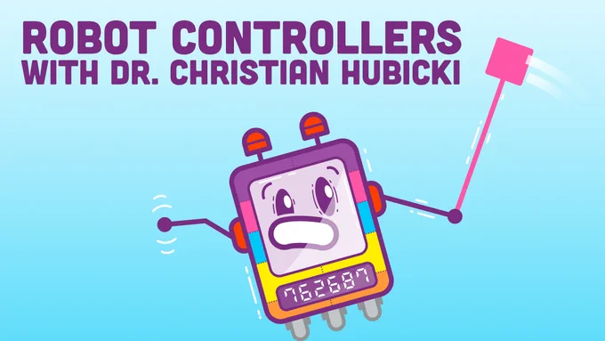 An off kilter rainbow colored robot attempting to balance an inverted pendulum.  Text reads: "Robot Controllers with Dr. Christian Hubicki".