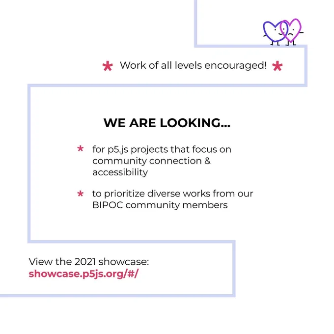 We are looking for p5.js projects focused on community connection & accessibility and to prioritize BIPOC works. Handdrawn purple lines on white background with heart graphics.