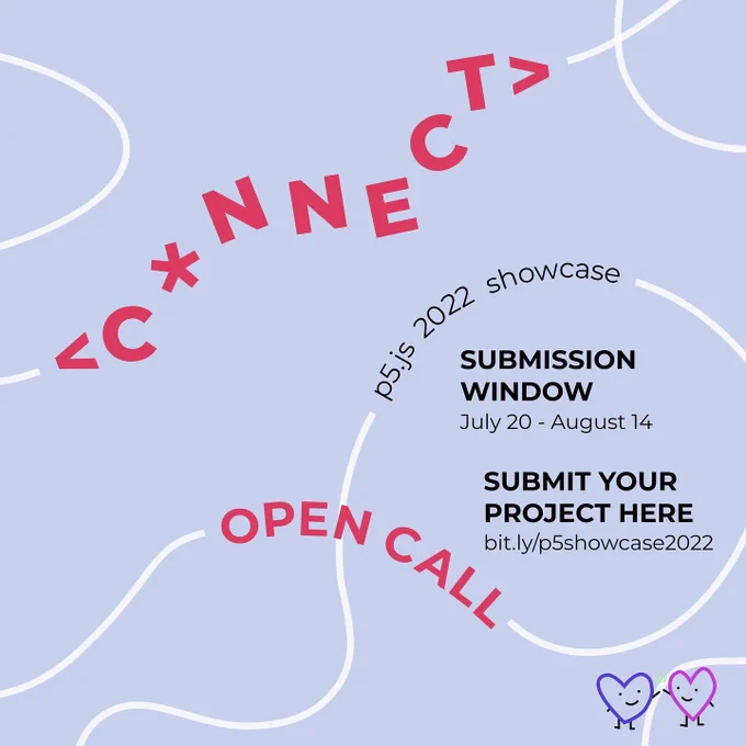 <CONNECT> Open Call. Submission window from
July 20-August 14. Submit your project here: bit.ly/p5showcase2022. White squiggly lines on purple background with handdrawn heart graphics.