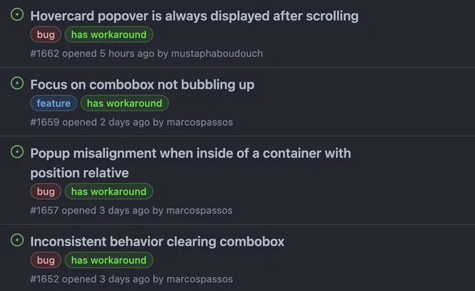 Screenshot of the GitHub issues page listing four issues with their labels. Three issues are labelled as "bug"; one issue is labelled as "feature"; all issues are labelled as "has workaround".