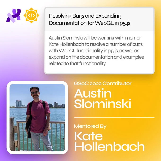 A flier for Austin Slominski’s Google Summer of Code project, includes a profile picture and project description.