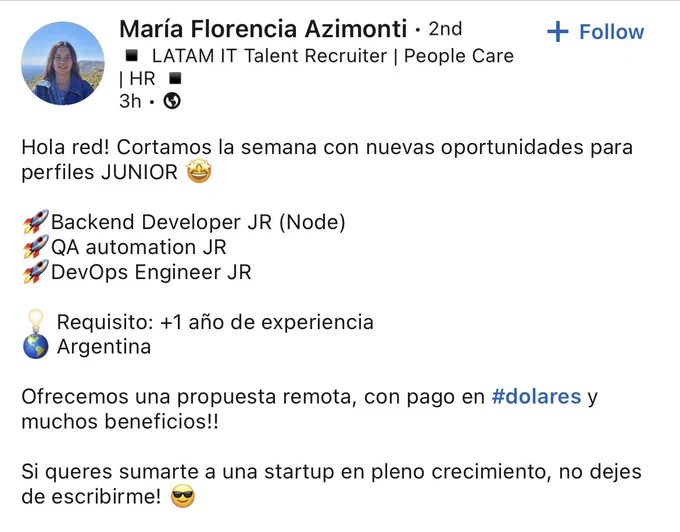 Búsqueda laboral para perfiles Jr de María Florencia Azimonti. Backend Jr, QA automation Jr, Devops Jr. Link a la publicación de LinkedIn: https://www.linkedin.com/posts/florencia-azimonti_dolares-qa-qaautomation-activity-6963155809778196480-EWnB