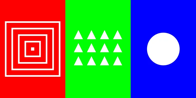 Graphic of 3 white geometries: squares in red background, triangles in green background, and circle in blue background.