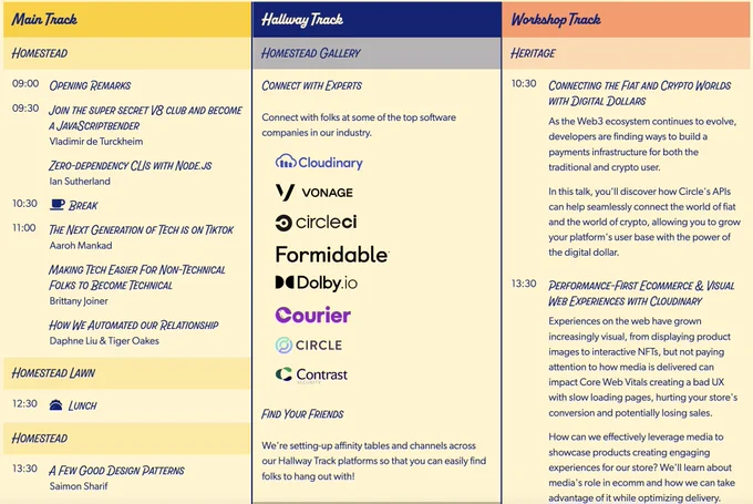 A screen cap of our schedule for part of Day One of the conference, showing the three main tracks: Talk, Hallway and Wroskhop.