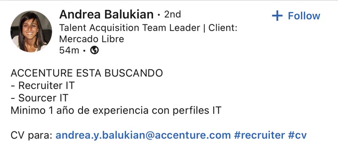 Búsqueda laboral recruiter IT junior. 
Minimo 1 año de experiencia con perfiles IT

CV para: andrea.y.balukian@accenture.com
