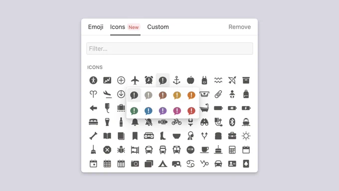 This is a pop-up menu in Notion set against a lilac background. The menu shows all the possible icons you can assign to a page, arranged in a 12-by-7 array. All of these icons depict common objects and symbols and are dark gray in color. The speech bubble icon is selected, and an additional mini pop-up menu shows 10 different color options that the user can choose.