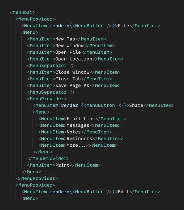 A snippet of JSX code using Menubar, MenuProvider, Menu, MenuItem, and MenuButton components to create a menubar with nested menus.