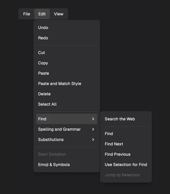 A screenshot of a menubar widget with an Edit menu open. Inside the open menu, the Find item is expanded into a submenu.