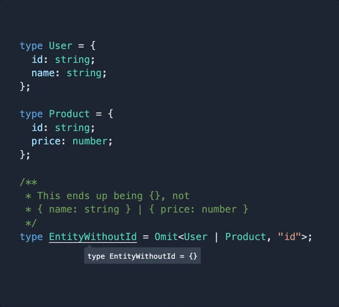 type User = {
  id: string;
  name: string;
};
 
type Product = {
  id: string;
  price: number;
};
 
/**
 * This ends up being {}, not
 * { name: string } | { price: number }
 */
type EntityWithoutId = Omit<User | Product, "id">;