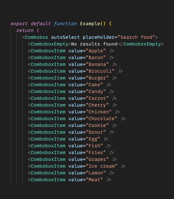 JSX snippet with a Combobox component wrapping a ComboboxEmpty component and a bunch of ComboboxItem.