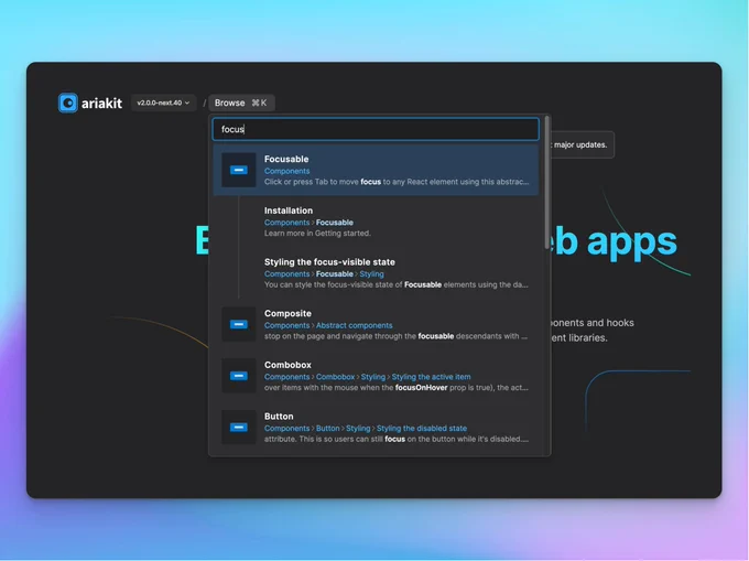A screenshot of a website with a dark theme. On the top bar: a logo, a select box with the current version, and a Browse button. The Browse button is active, expanding a dropdown element with a search box and a few results.