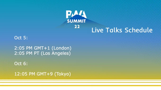PWA live talks schedule, there will be talks Oct at 2:05PM GMT + 1 and PT times and at 12:05 GTM+9