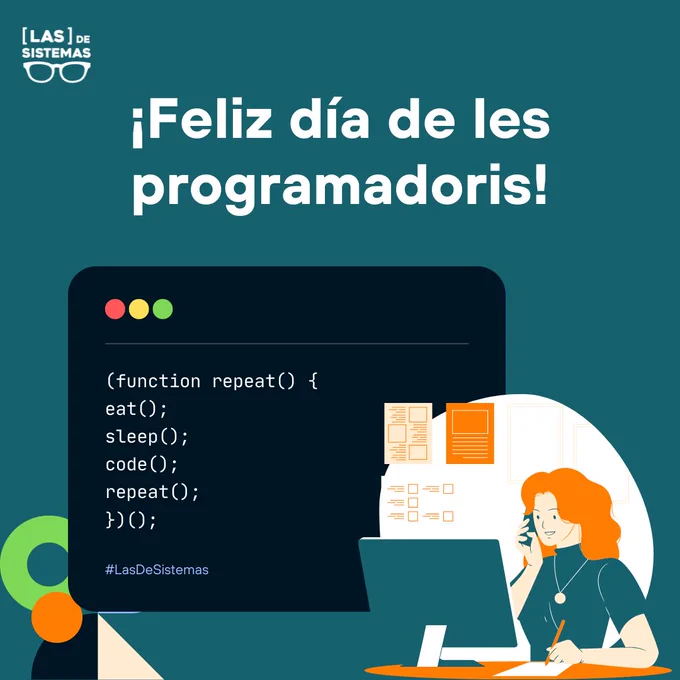 Una mujer en una computadora hablando por teléfono y tomando nota. Se ve ampliado un código, con una función que dice repeat, donde su contenido llama a otras funciones: eat, sleep, code, repeat.