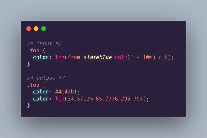 An input lch color, adjusting slateblue by darkening it 10%. Output shows a hex color, and calculated lch value.
