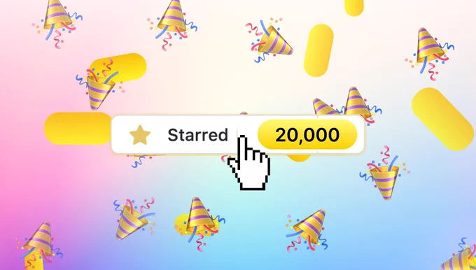 The starred button on our repo, now says 20,000, with confetti in the background