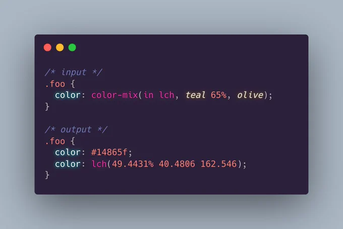 color-mix in lch with teal 65%, olive 45%. Output shows rgb fallback and computed lch color.