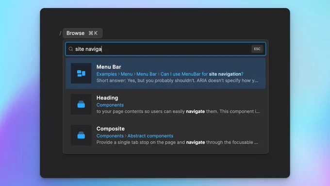 A screenshot of part of a documentation site where a button labeled "Browse" is expanded. The popup has a search field with the value "site naviga", and a selected item labeled "Menu Bar". The UI indicates that this item is located in "Examples / Menu / Menu Bar / Can I use MenuBar for site navigation?" and shows a description: "Short answer: Yes, but you probably shouldn't. ARIA doesn't specify how y..."