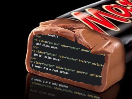 A chocolate bar cut in half, the inside is HTML code for a set of buttons with a role of "button", an empty href, and an onclick action.