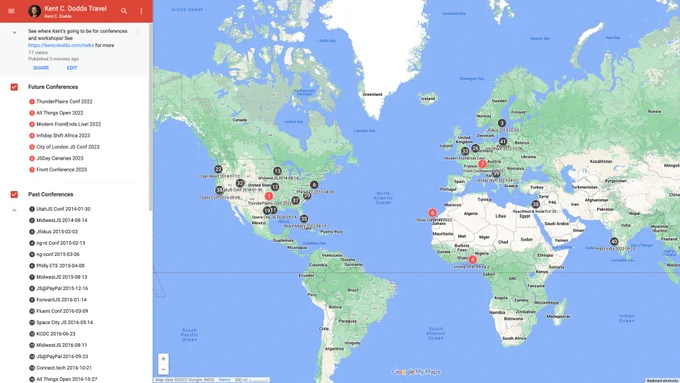 Map showing a bunch of conferences that Kent has been to