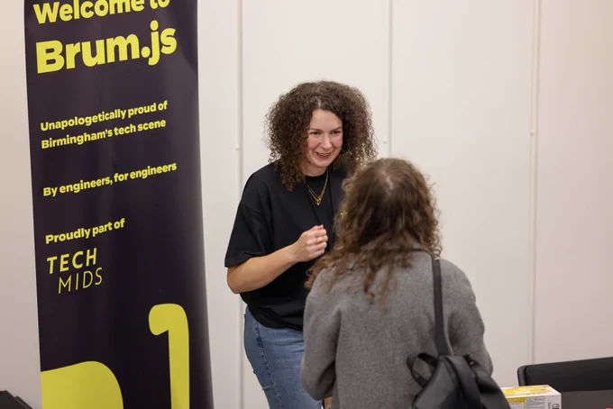 Katie running the Brum.js booth at TechMids Conf 2022