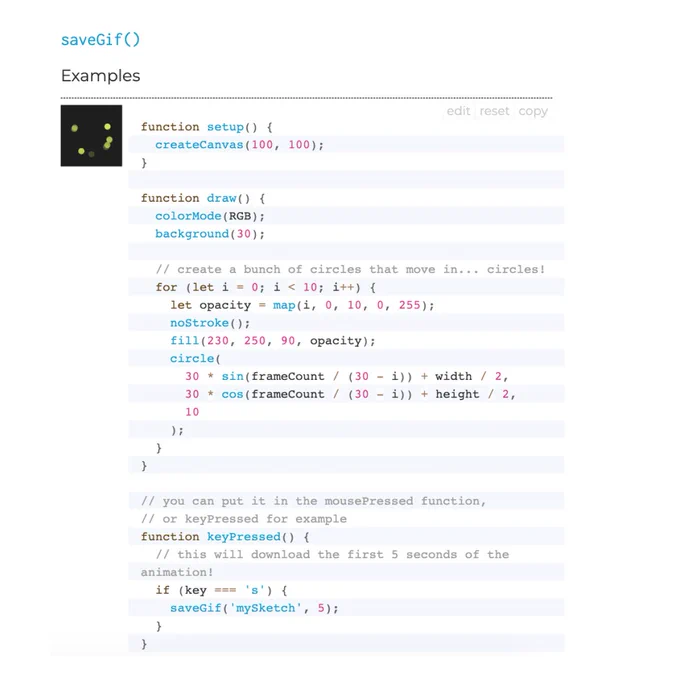 screenshot of saveGif() example code in p5.js reference page