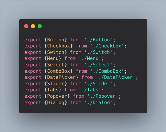 Screenshot of code showing example library re-exporting many components such as Button, Checkbox, Switch, etc.