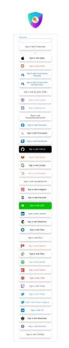 List of buttons of built-in NextAuth.js providers. Each button has a brand logo and the text color is their associated brand color, light mode.