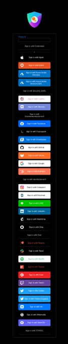 List of buttons of built-in NextAuth.js providers. Each button has a brand logo and the text color is their associated brand color, dark mode.