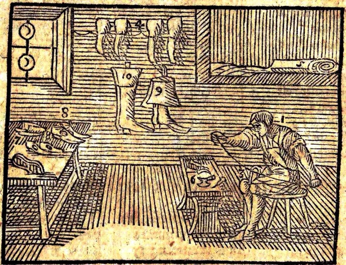 Kurpnieks darbnīcā (attēls no “Orbis sensualium pictus” 1714. gada izdevuma) 