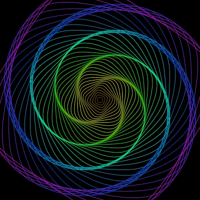 The geometric shape that looks like a spiral create from a rotated and scaled shape that looks like a rounded square. The shape changes color from yellow through green and blue to violet.