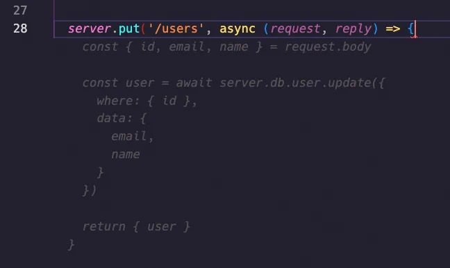 A fastify server code along with a Prisma database ORM code for a simple PUT restful API route