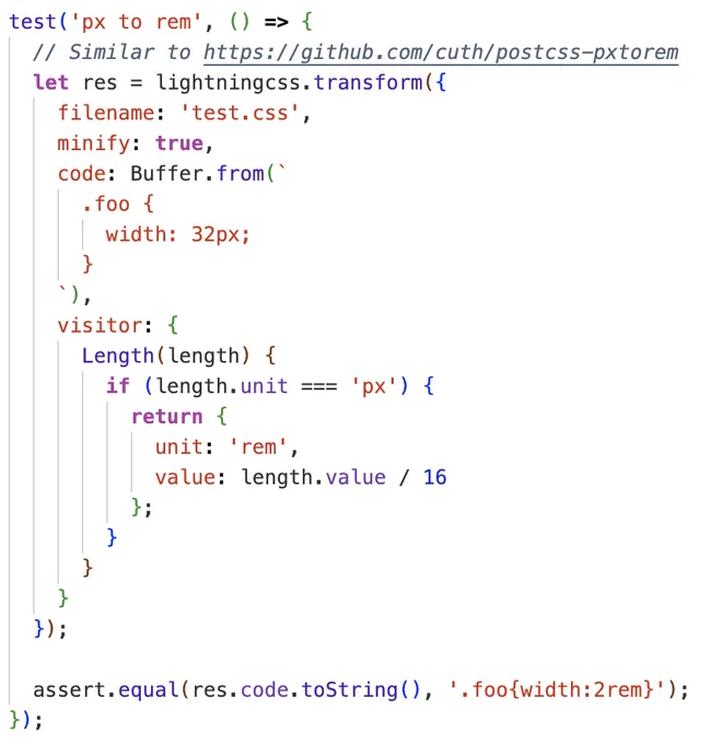 Code using the lightningcss visitor API to convert pixels to rems.
