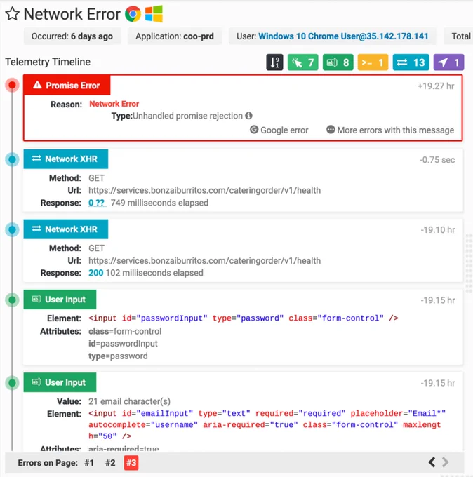 TrackJS Telemetry timeline of the events that led to a production error.