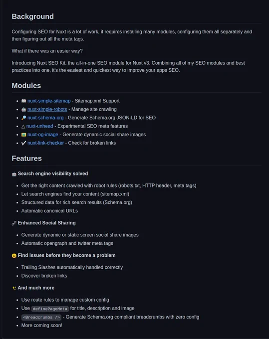 Screenshot of the GitHub repository for harlan-zw/nuxt-seo-kit.