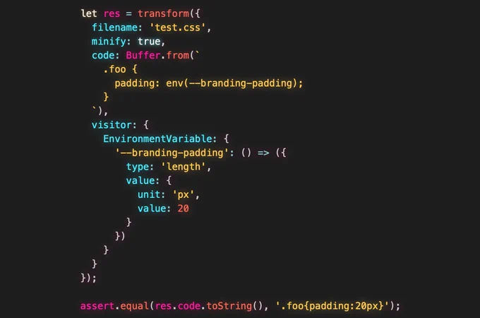 Example code for a custom visitor plugin that replaces a --branding-padding environment variable with a value representing 20px.