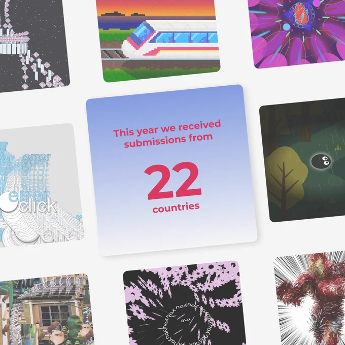 A flier for the p5.js 2022 Showcase Launch. The flier reads: “This year we received submissions from 22 countries”. The pink text floats above a gradient blue square, with thumbnails of showcased projects.