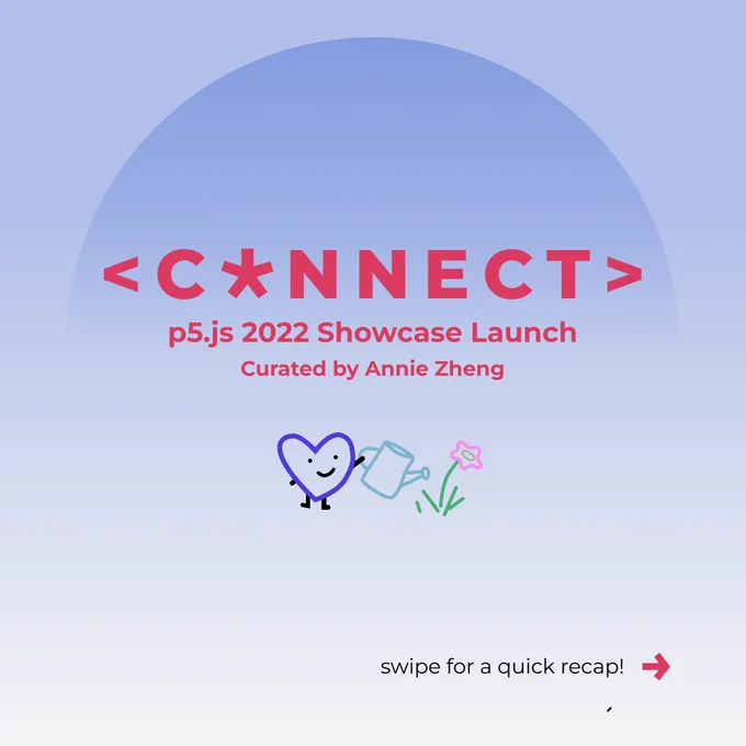 A flier for the p5.js 2022 Showcase Launch. The flier reads: “<CONNECT>, p5.js 2022 Showcase Launch, Curated by Annie Zheng ”. The pink text floats above a gradient blue background.