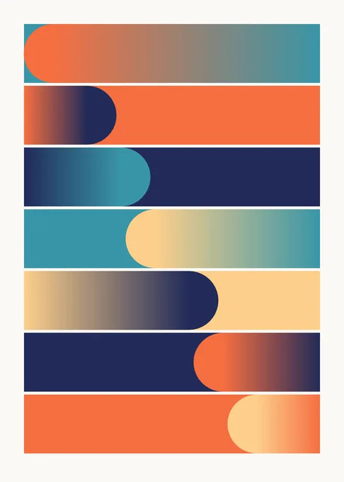 An image with 7 rows. Each row contains a rectangle in one color, with an overlapping half circle in another color that fades back into the rectangle color. The colors used are teal, orange, dark blue, and sand.