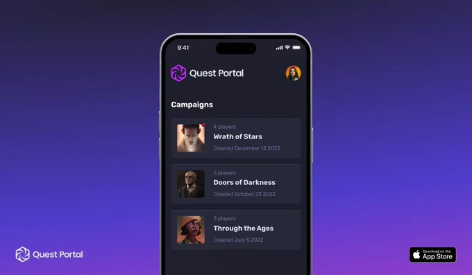 A photo of Quest Portal's mobile app featuring characters on a purple gradient background