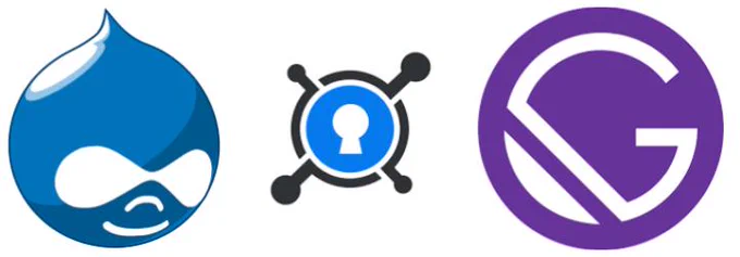 Logos of Drupal CMS, KeyCDN and GatsbyJS.