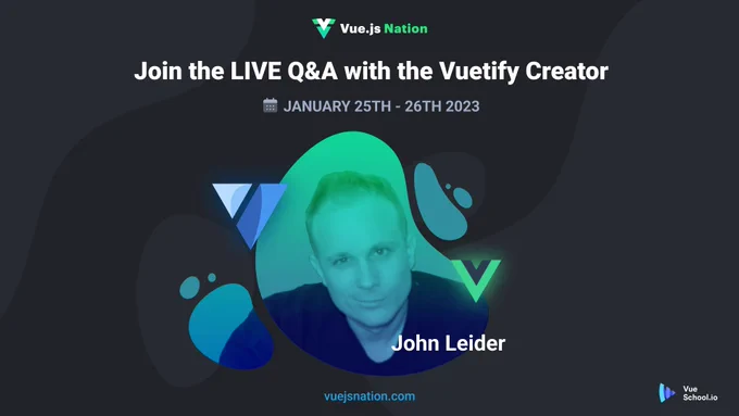 John Leider, @zeroskillz the author and creator of @vuetifyjs  is up next! 

What questions do you have? 🧐

The Next Generation of Vuetify

@vuejsnation @VueSchool_io #vuejsnation #vuejs #nuxt #nuxtjs #vuetify