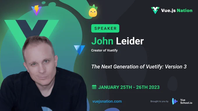 John Leider, @zeroskillz the author and creator of @vuetifyjs  is up next! 

What questions do you have? 🧐

The Next Generation of Vuetify

@vuejsnation @VueSchool_io #vuejsnation #vuejs #nuxt #nuxtjs #vuetify