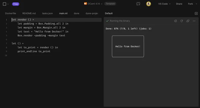 Screenshot of a playground running OCaml with a terminal attached.