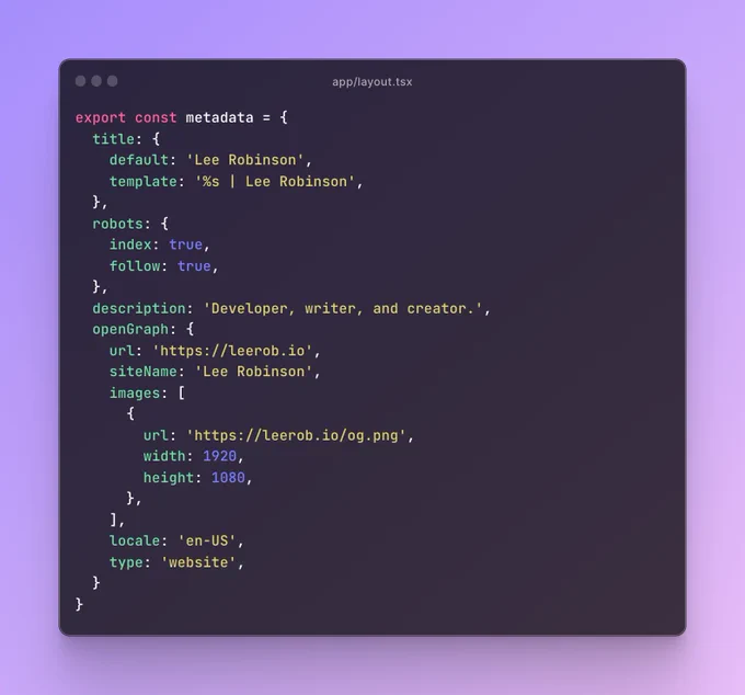 Code snippet screenshot showing a metadata JavaScript object, with properties used to define the content of the head of an HTML document. For example, title and description.