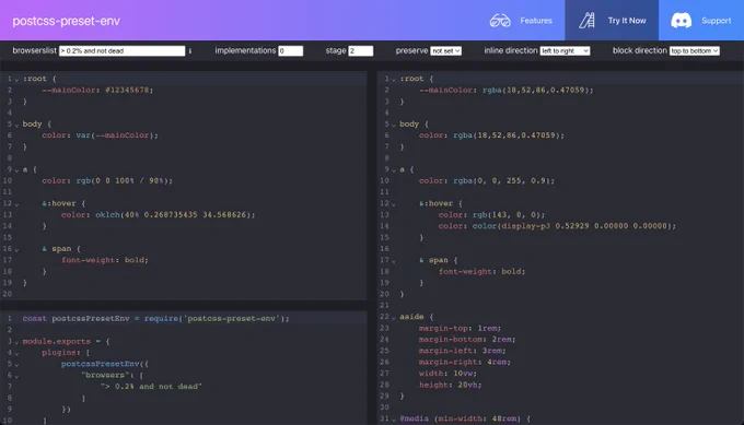 A preview of our new playground.

The playground runs PostCSS Preset Env in your browser and lets you preview how your CSS will be transformed.

It shows three panels and some knobs and dials.
The inputs allow you to change plugin options you would otherwise change with code.

The first two panels show input and output of the CSS being transformed.

The last panel has copy/paste-able configuration.