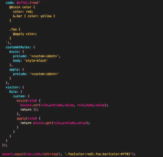 Code example showing two custom at rule definitions. @mixin registers a mixin, and @apply inlines it into a rule.